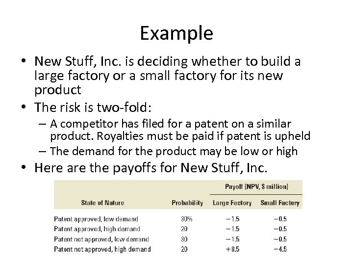 Example • New Stuff, Inc. is deciding whether to build a large factory or