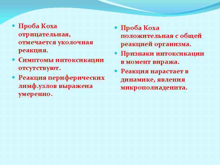  Проба Коха отрицательная, отмечается уколочная реакция. Симптомы интоксикации отсутствуют. Реакция периферических лимф. узлов