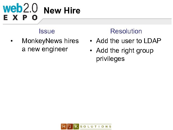 New Hire • Issue Monkey. News hires a new engineer Resolution • Add the