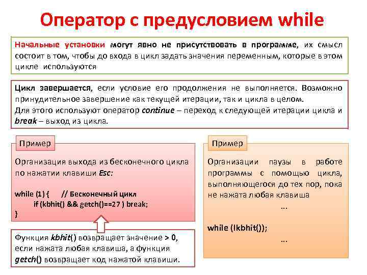 Оператор с предусловием while Начальные установки могут явно не присутствовать в программе, их смысл