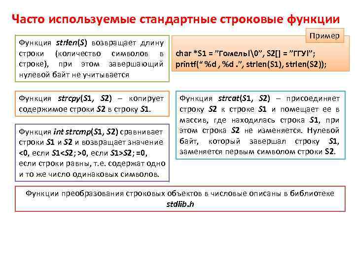 Часто используемые стандартные строковые функции Функция strlen(S) возвращает длину строки (количество символов в строке),