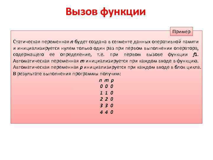Вызов функции Пример Статическая переменная n будет создана в сегменте данных оперативной памяти и