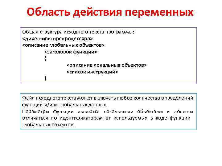 Область действия переменных Общая структура исходного текста программы: <директивы препроцессора> <описание глобальных объектов> <заголовок