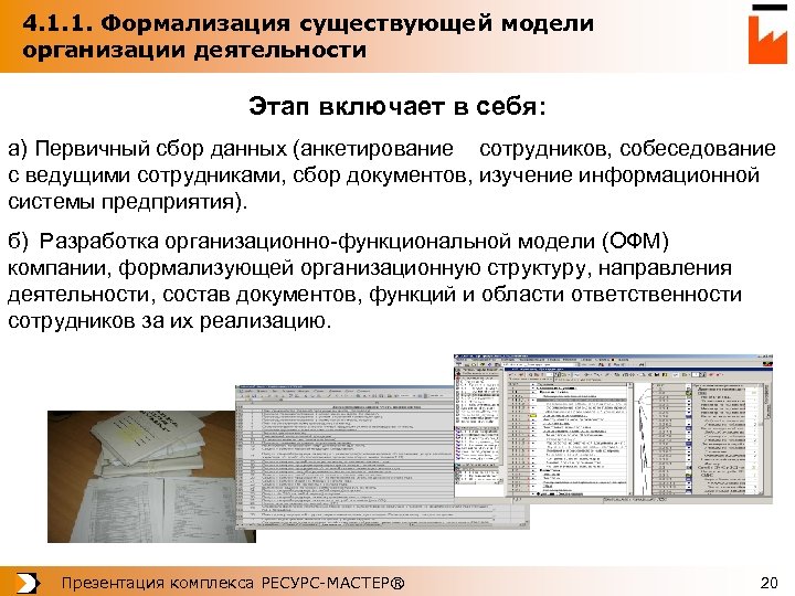 4. 1. 1. Формализация существующей модели организации деятельности Этап включает в себя: а) Первичный