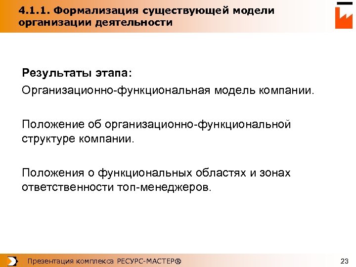 4. 1. 1. Формализация существующей модели организации деятельности Результаты этапа: Организационно-функциональная модель компании. Положение