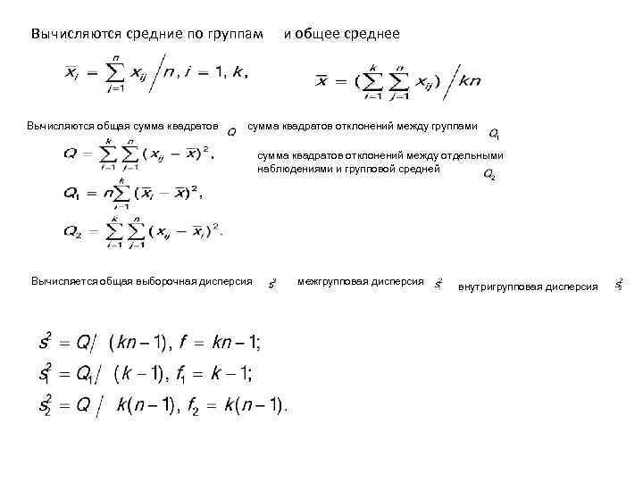 Вычисляются средние по группам Вычисляются общая сумма квадратов и общее среднее сумма квадратов отклонений