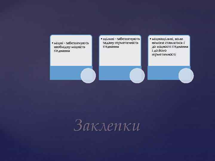  • міцні - забезпечують необхідну міцність з'єднання • щільні - забезпечують задану герметичність