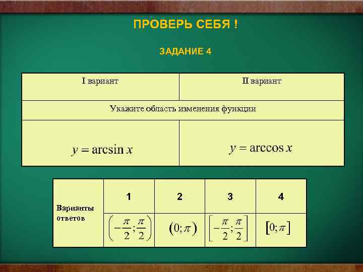 ПРОВЕРЬ СЕБЯ ! ЗАДАНИЕ 4 I вариант II вариант Укажите область изменения функции 1