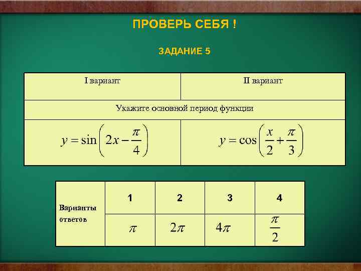 ПРОВЕРЬ СЕБЯ ! ЗАДАНИЕ 5 I вариант II вариант Укажите основной период функции Варианты