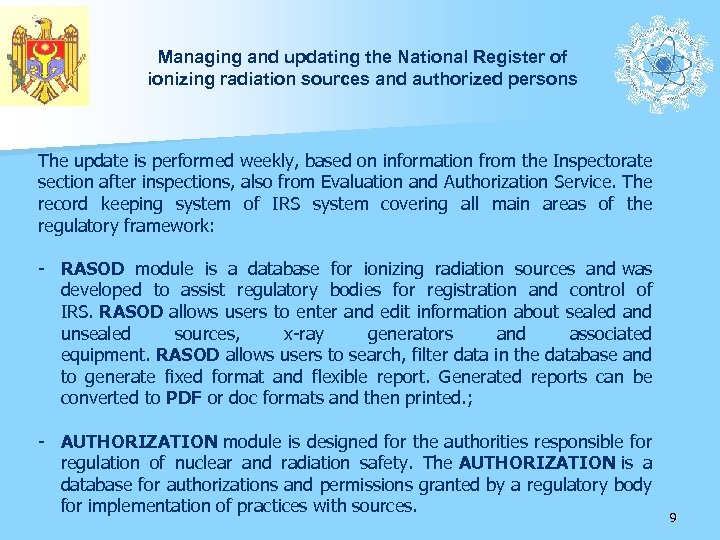 Managing and updating the National Register of ionizing radiation sources and authorized persons The