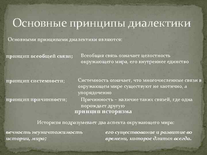 Основные принципы диалектики Основными принципами диалектики являются: принцип всеобщей связи; принцип системности; принцип причинности;
