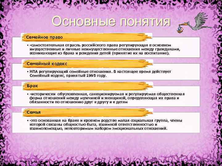 Основные понятия Семейное право • -самостоятельная отрасль российского права регулирующая в основном имущественные и
