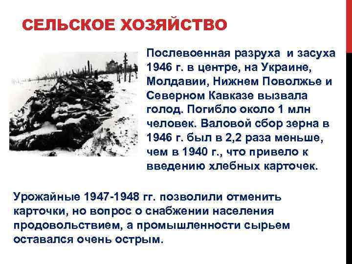 СЕЛЬСКОЕ ХОЗЯЙСТВО Послевоенная разруха и засуха 1946 г. в центре, на Украине, Молдавии, Нижнем