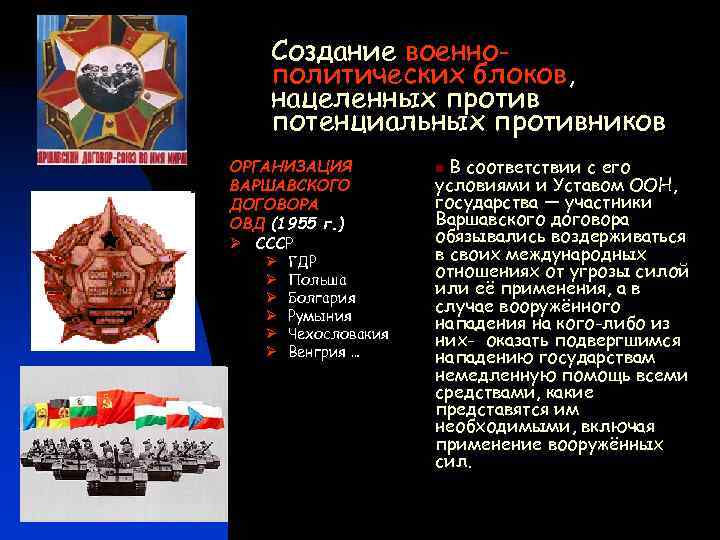 Создание военнополитических блоков, нацеленных против потенциальных противников ОРГАНИЗАЦИЯ ВАРШАВСКОГО ДОГОВОРА ОВД (1955 г. )
