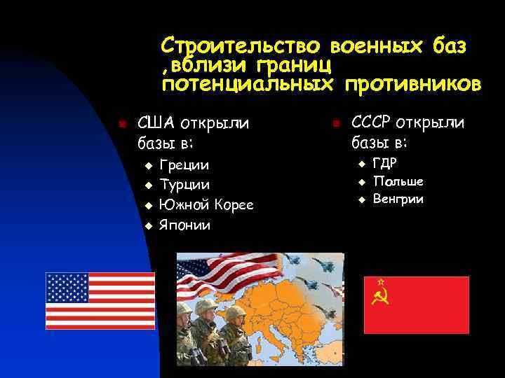 Строительство военных баз , вблизи границ потенциальных противников n США открыли базы в: u