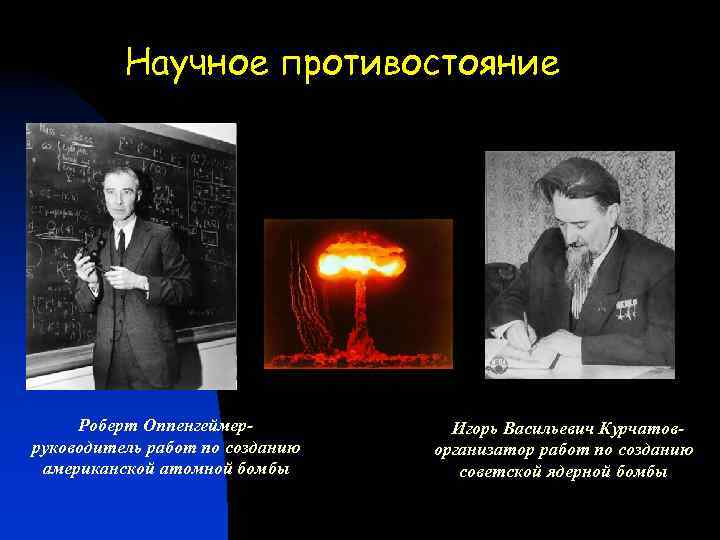 Научное противостояние Роберт Оппенгеймерруководитель работ по созданию американской атомной бомбы Игорь Васильевич Курчатоворганизатор работ