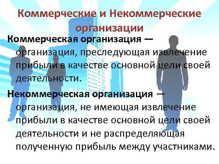 Коммерческие и Некоммерческие организации Коммерческая организация — организация, преследующая извлечение прибыли в качестве основной