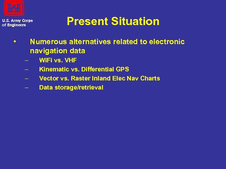 U. S. Army Corps of Engineers • Present Situation Numerous alternatives related to electronic