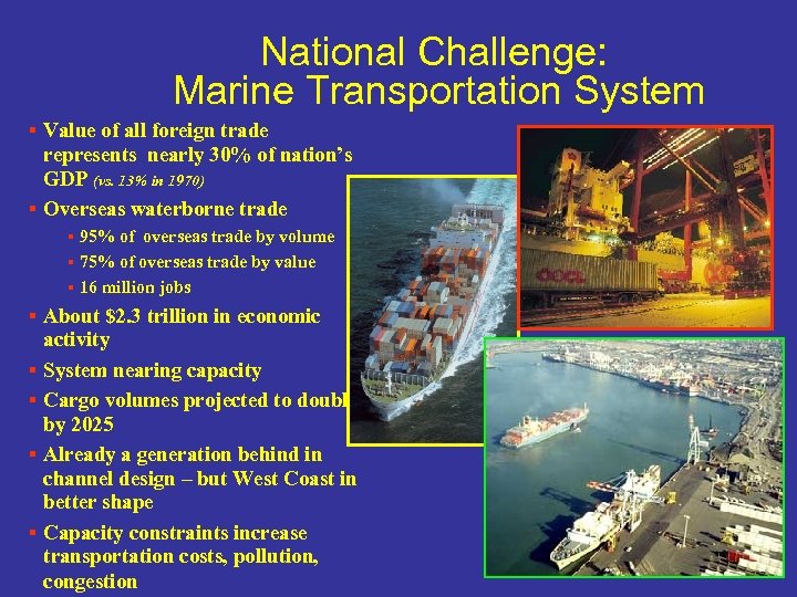 National Challenge: Marine Transportation System § Value of all foreign trade represents nearly 30%