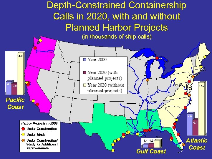 Depth-Constrained Containership Calls in 2020, with and without Planned Harbor Projects (in thousands of