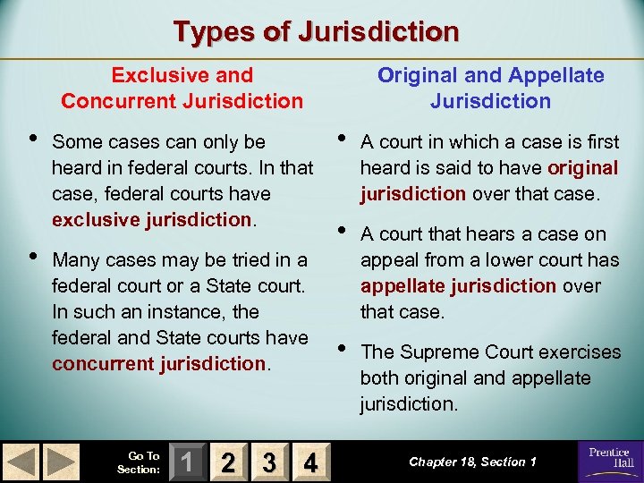 Types of Jurisdiction Exclusive and Concurrent Jurisdiction • • Some cases can only be