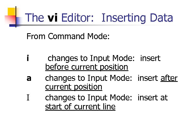 The vi Editor: Inserting Data From Command Mode: i a I changes to Input
