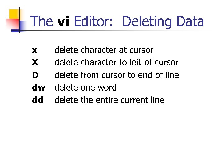 The vi Editor: Deleting Data x X D dw dd delete character at cursor
