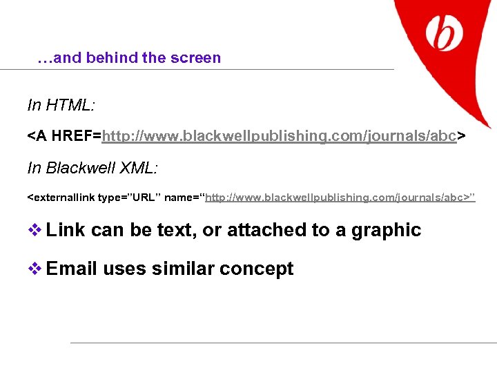 …and behind the screen In HTML: <A HREF=http: //www. blackwellpublishing. com/journals/abc> In Blackwell XML: