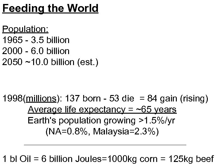 Feeding the World Population: 1965 - 3. 5 billion 2000 - 6. 0 billion