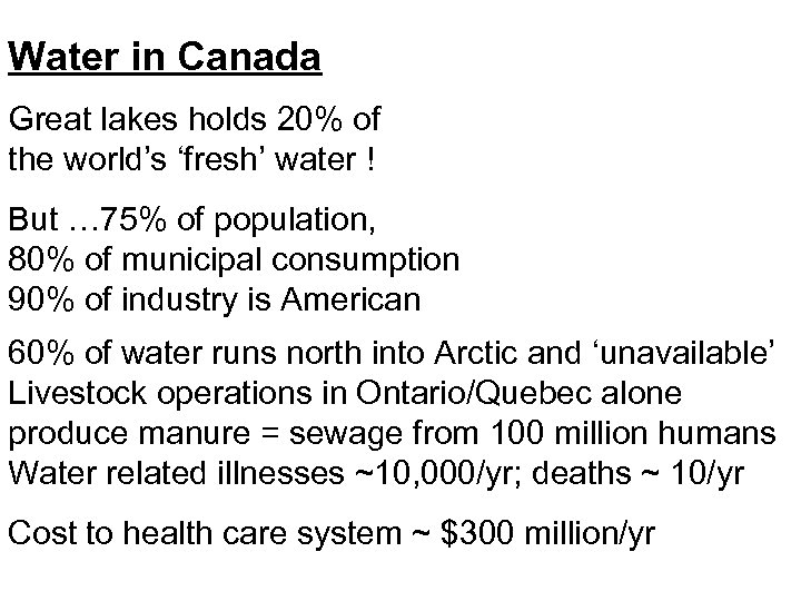 Water in Canada Great lakes holds 20% of the world’s ‘fresh’ water ! But