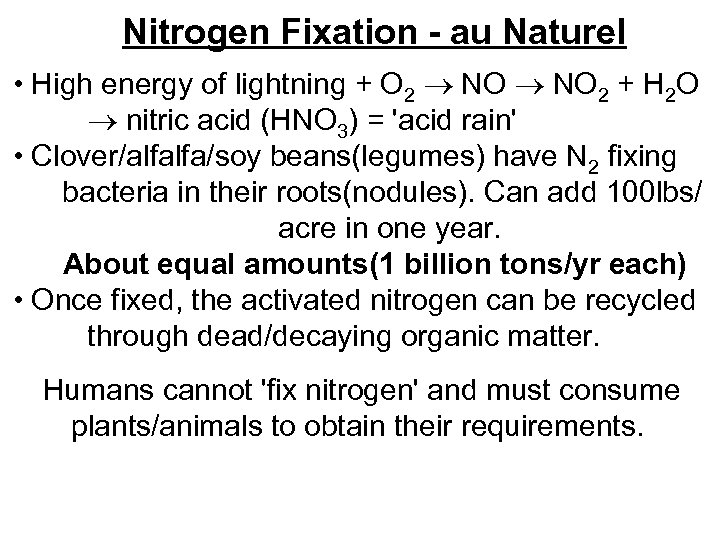 Nitrogen Fixation - au Naturel • High energy of lightning + O 2 NO