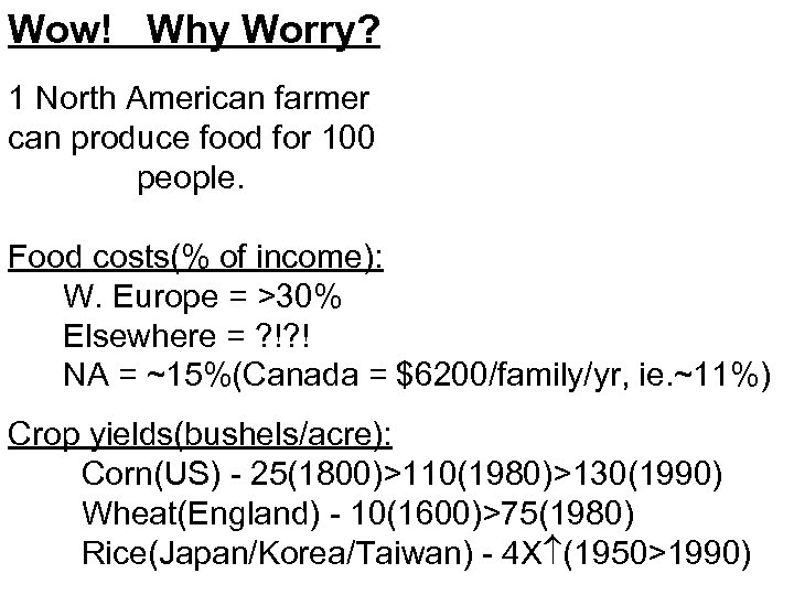 Wow! Why Worry? 1 North American farmer can produce food for 100 people. Food