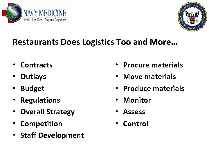 Restaurants Does Logistics Too and More… • • Contracts Outlays Budget Regulations Overall Strategy