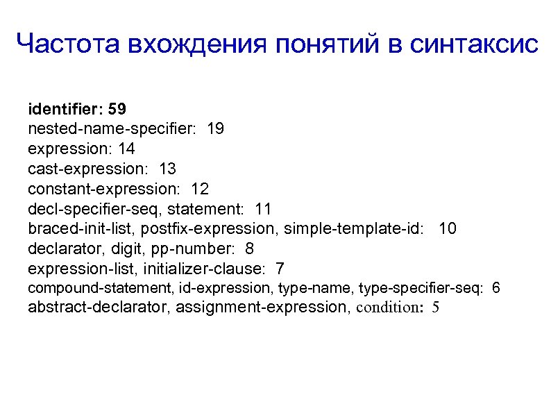 Частота вхождения понятий в синтаксис identifier: 59 nested-name-specifier: 19 expression: 14 cast-expression: 13 constant-expression:
