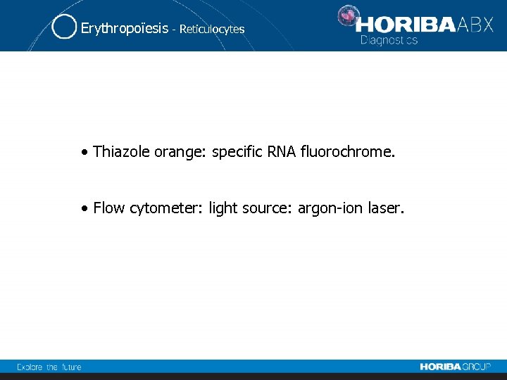 Erythropoïesis - Reticulocytes • Thiazole orange: specific RNA fluorochrome. • Flow cytometer: light source: