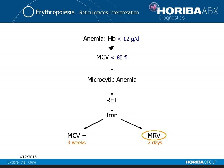 Erythropoïesis - Reticulocytes interpretation Anemia: Hb < 12 g/dl MCV < 80 fl Microcytic