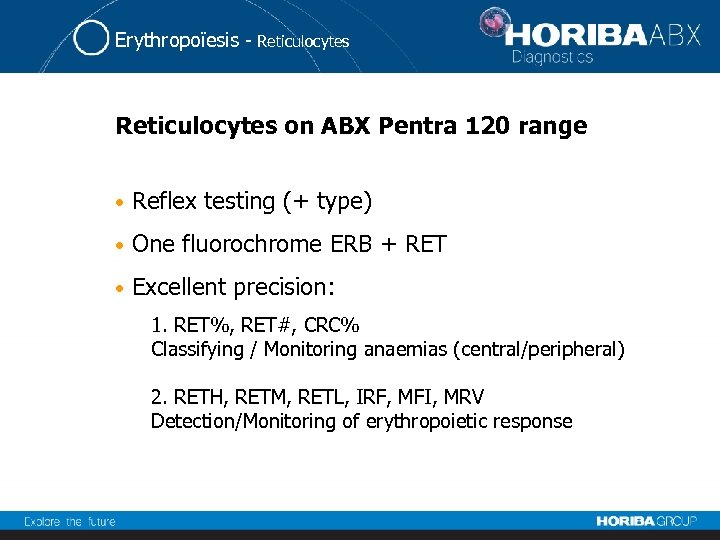 Erythropoïesis - Reticulocytes on ABX Pentra 120 range • Reflex testing (+ type) •