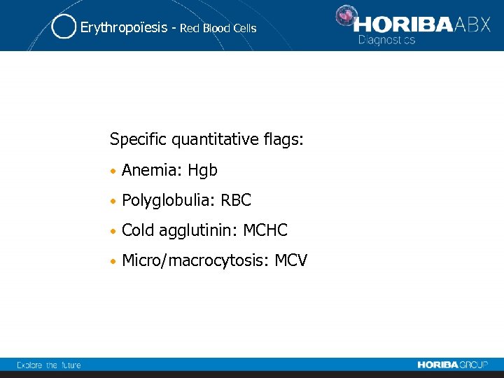 Erythropoïesis - Red Blood Cells Specific quantitative flags: • Anemia: Hgb • Polyglobulia: RBC