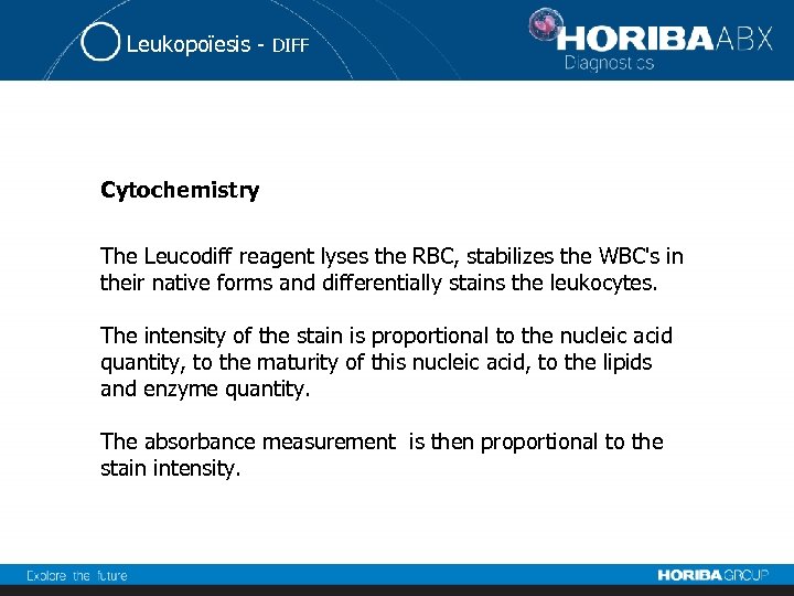 Leukopoïesis - DIFF Cytochemistry The Leucodiff reagent lyses the RBC, stabilizes the WBC's in