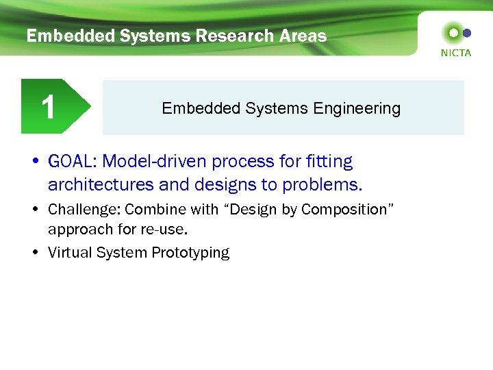 Embedded Systems Research Areas 1 Embedded Systems Engineering • GOAL: Model-driven process for fitting