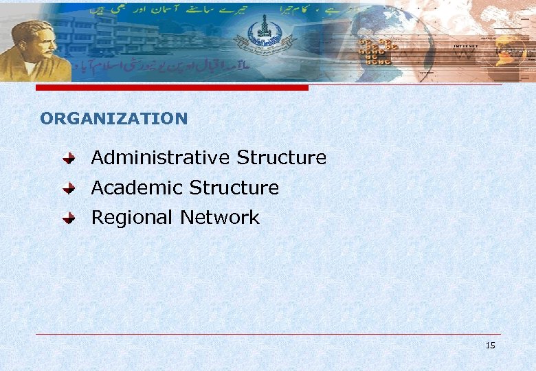 ORGANIZATION Administrative Structure Academic Structure Regional Network 15 