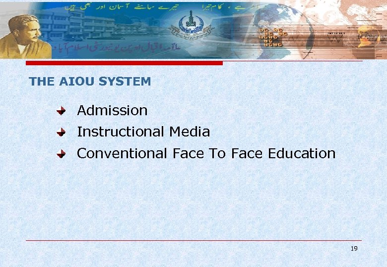 THE AIOU SYSTEM Admission Instructional Media Conventional Face To Face Education 19 