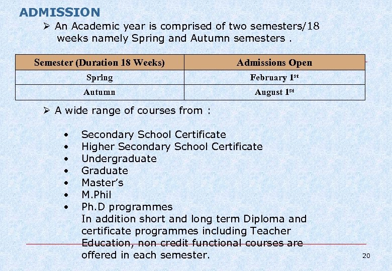 ADMISSION Ø An Academic year is comprised of two semesters/18 weeks namely Spring and