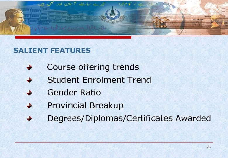 SALIENT FEATURES Course offering trends Student Enrolment Trend Gender Ratio Provincial Breakup Degrees/Diplomas/Certificates Awarded