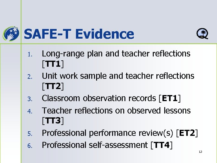 SAFE-T Evidence 1. 2. 3. 4. 5. 6. Long-range plan and teacher reflections [TT