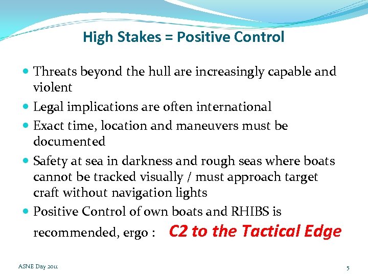 High Stakes = Positive Control Threats beyond the hull are increasingly capable and violent