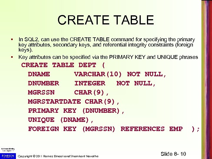 CREATE TABLE § § In SQL 2, can use the CREATE TABLE command for