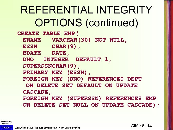 REFERENTIAL INTEGRITY OPTIONS (continued) CREATE TABLE EMP( ENAME VARCHAR(30) NOT NULL, ESSN CHAR(9), BDATE,