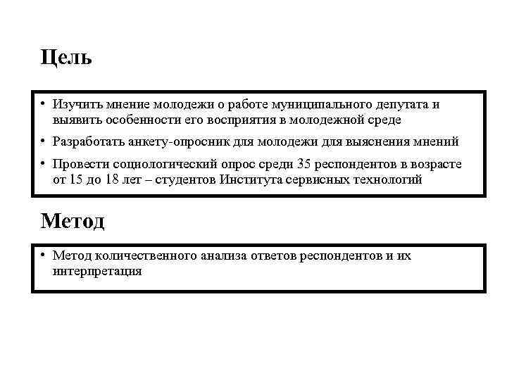 Цель • Изучить мнение молодежи о работе муниципального депутата и выявить особенности его восприятия