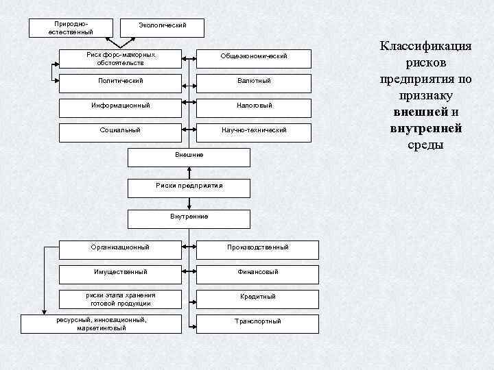Природноестественный Экологический Риск форс-мажорных обстоятельств Общеэкономический Политический Валютный Информационный Налоговый Социальный Научно-технический Внешние Риски